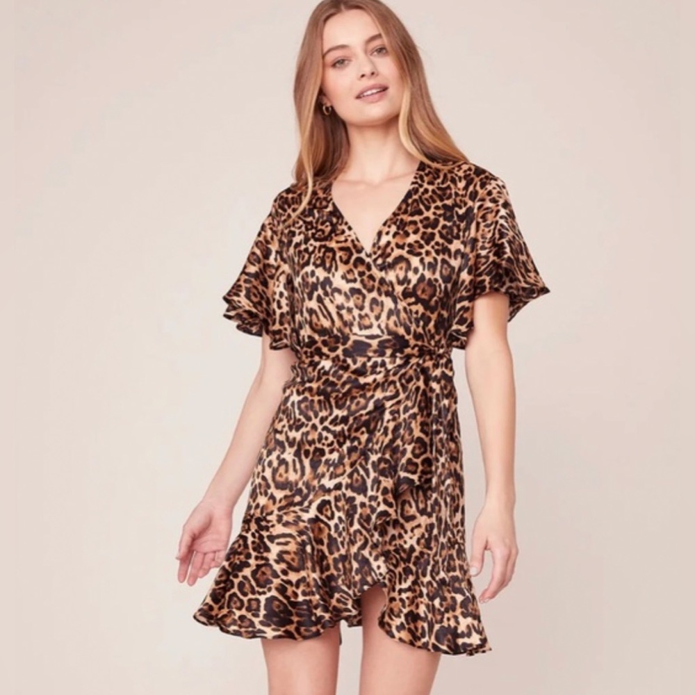 BB Dakota Wild Card Leopard Print Satin Wrap Dress